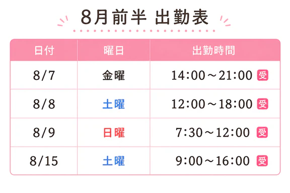 8月前半シフト❕りこ